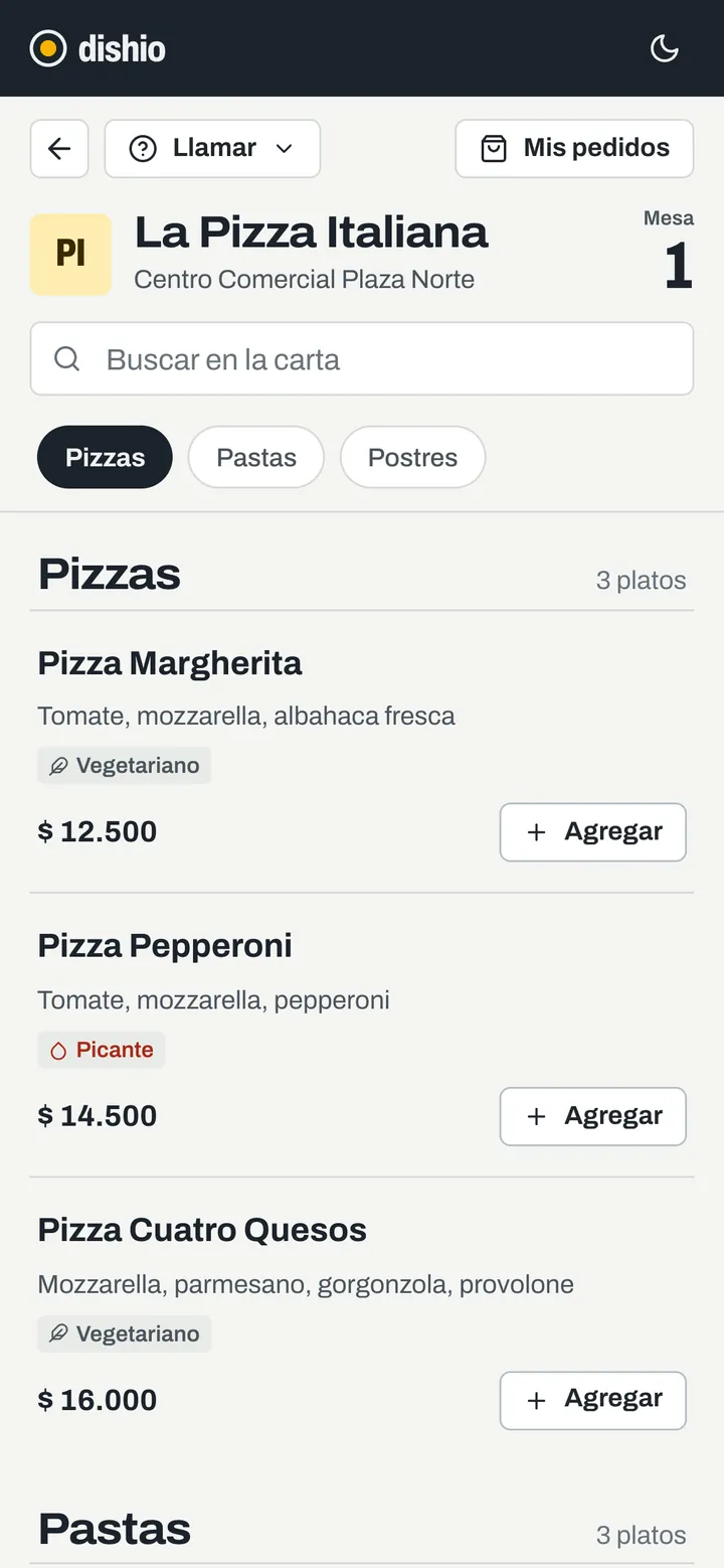Dishio on a phone: the menu of La Pizza Italiana for table 1, with pizzas, prices and Add buttons.