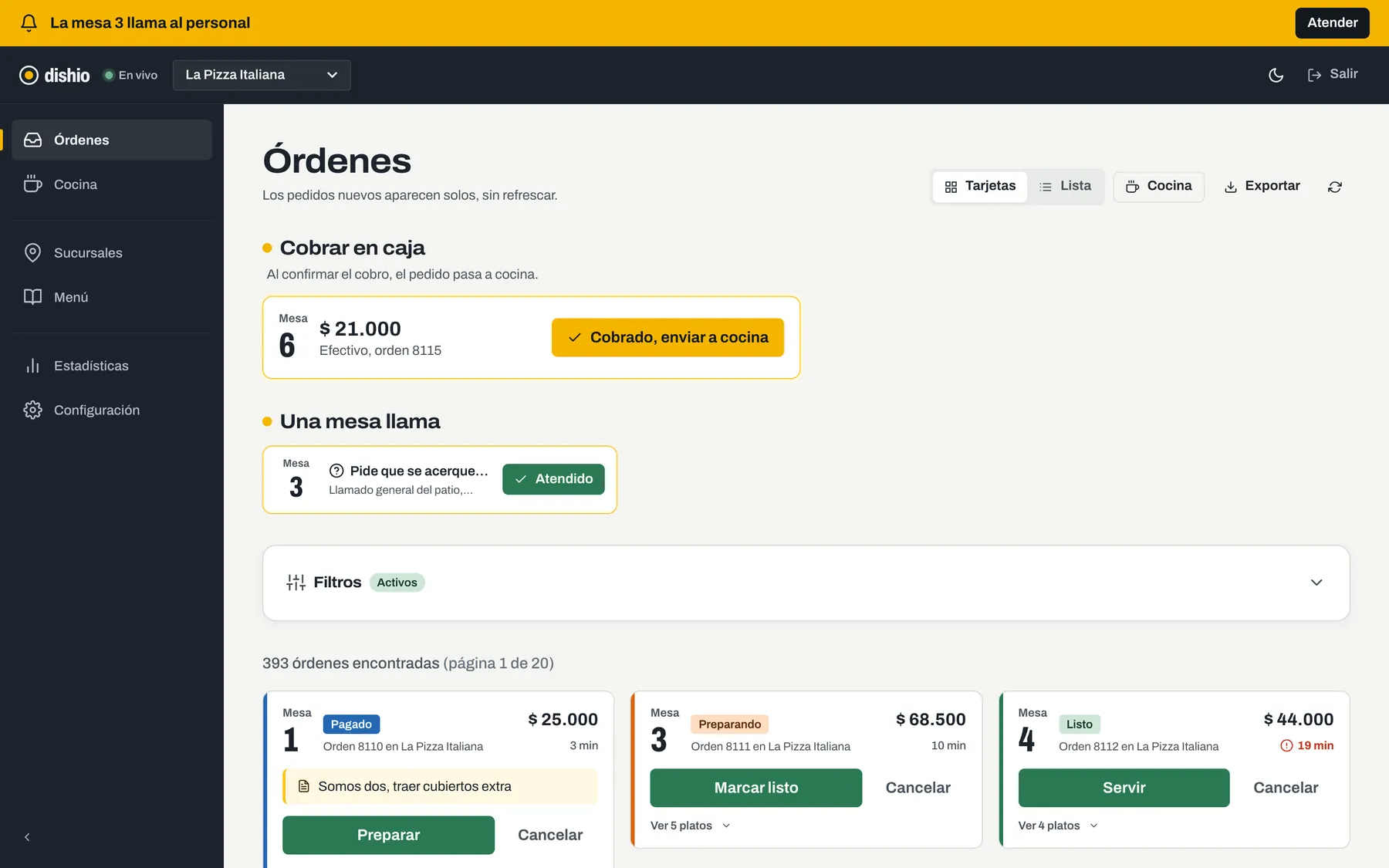 Dishio orders panel: a cash payment waiting at the register, a table call, and order cards with their status.